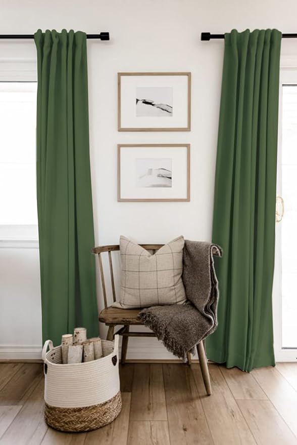100% Blackout Shield Linen Blackout Curtains for Bedroom 120 Inches Long, Back Tab/Rod Pocket Living Room Drapes, Thermal Insulated Blackout Curtains 2 Panels Set, 50" W x 120" L, Moss Green