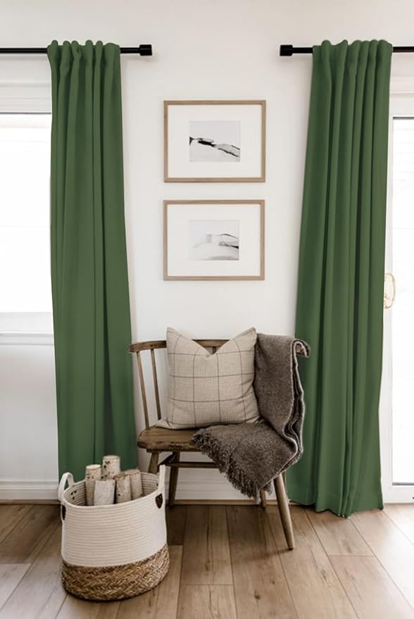 100% Blackout Shield Linen Blackout Curtains for Bedroom 72 Inches Long, Back Tab/Rod Pocket Living Room Drapes, Thermal Insulated Blackout Curtains 2 Panels Set, 50" W x 72" L, Moss Green