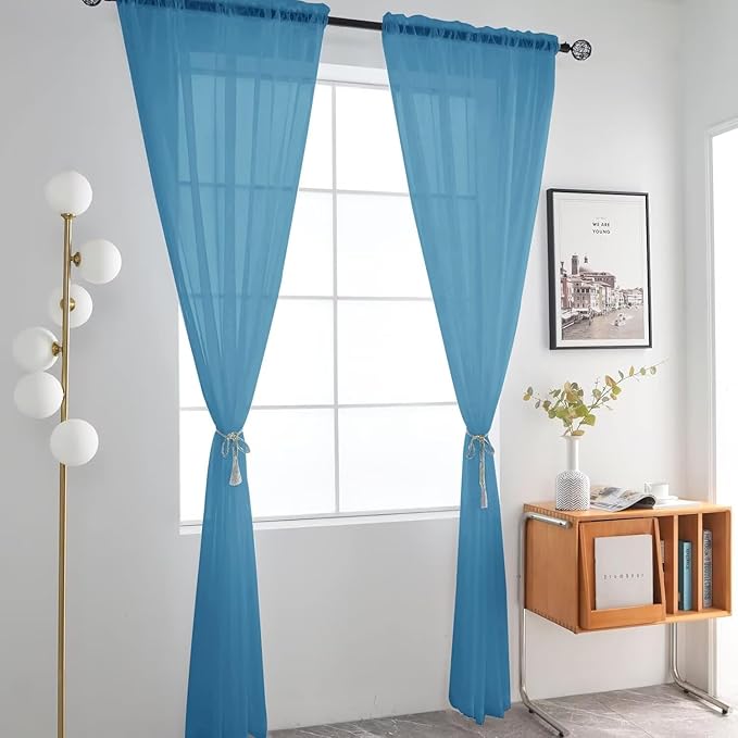 SpaceDresser Basic Rod Pocket Sheer Voile Window Curtain Panels Blue 1 Pair 2 Panels 52 Width 45 Inch Long for Kitchen Bedroom Children Living Room Yard（Blue, 52W x 45L）