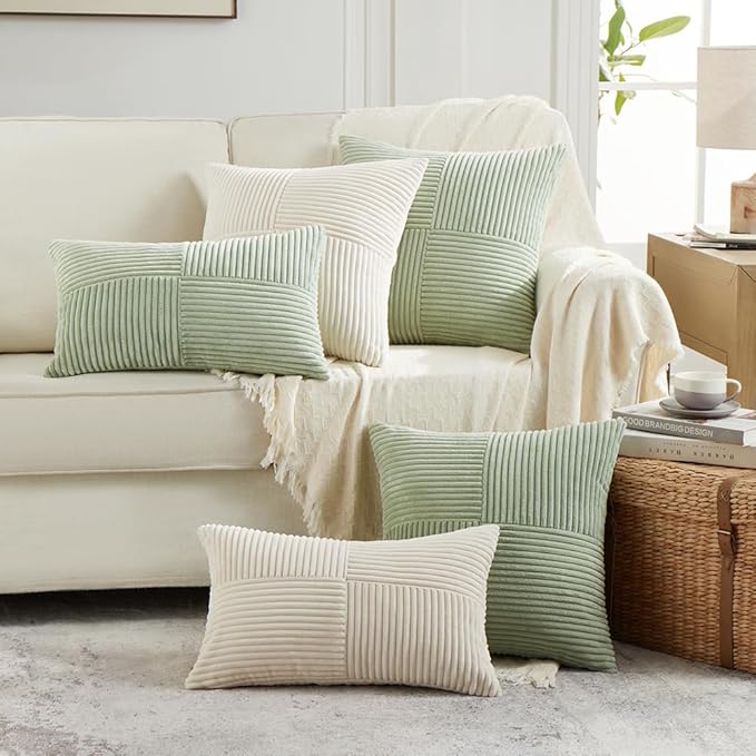 Fancy Homi 2 Packs Sage Green Lumbar Decorative Throw Pillow Covers 16x26 Inch for Living Room Couch Bed, Rustic Farmhouse Boho Home Decor, Soft Striped Corduroy Rectangle Accent Cushion Case 65x40 cm