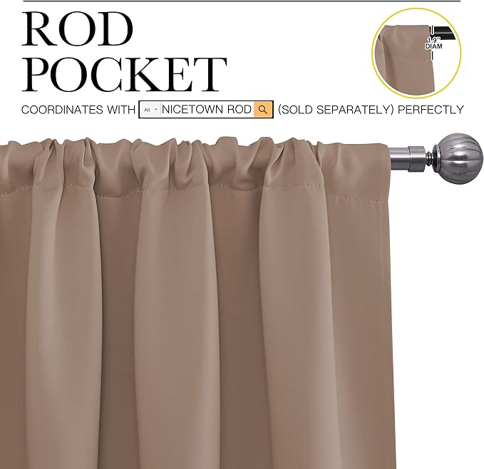 NICETOWN Kitchen Window Blackout Curtains - Window Treatment Thermal Insulated Rod Pocket Small Blackout Draperies/Drapes for Bedroom/Kitchen (Cappuccino, Set of 2, 34 in x 63 in (W x L))