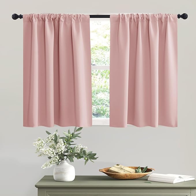 RYB HOME Blackout Cafe Curtains 30 inch Length, Short Light UV Heat Blocking Energy Saving Privacy Curtain Tiers for Basement Bathroom Kitchen Window, Width 29 by Length 30, Peach Blush, 2 Panels