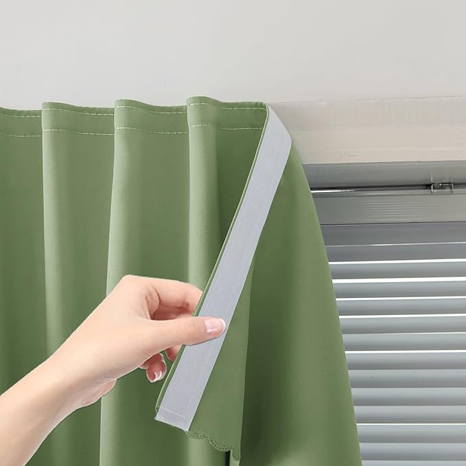 Magic Tape Blackout Curtains for Bedroom No Drillng Self Adhesive Curtains No Rod Small Window, 47" W X 59" L, Sage Green, 1 Panel
