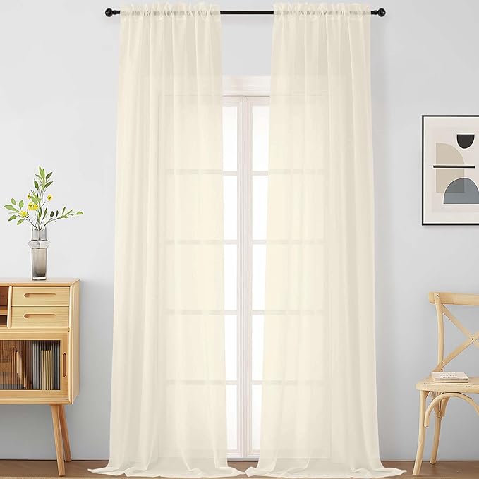 Cream Sheer Curtains 120 Inches Long 2 Panels, Extra Long Light Filtering Modern Window Curtains for Sliding Glass Door, Rod Pocket Voile Drapes for Living Room Bedroom, 2x42Wx120L Inches