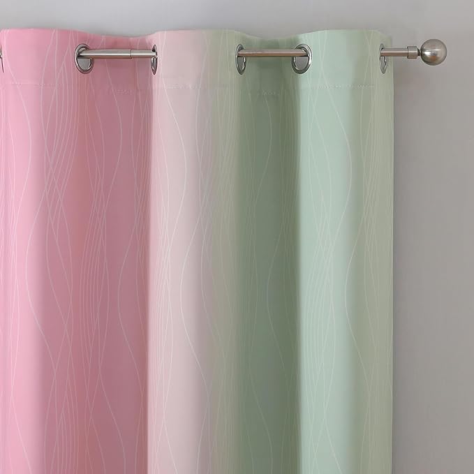 Estelar Textiler Sage Green and Pink Ombre Blackout Curtains 72 Inches Length for Bedroom, Thermal Insulated Light Blocking Grommet Gradient Blackout Drapes for Living Room, 42Wx72L, 2 Panels
