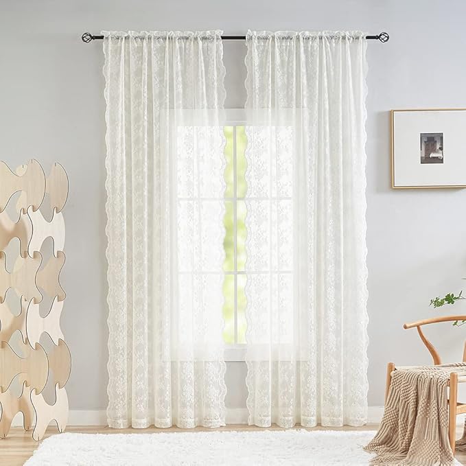 YJ YANJUN Vintage Lace Curtains 72 Inches Long- Antique Flowers Ivory Sheer Curtain Panels for Living Room Bedroom French Door, Light Filtering Drapes, 2 Panels 52W x 72L Cream
