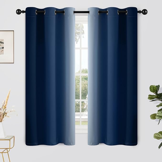 Yakamok Light Blocking Ombre Curtains, Greyish White and Blue Gradient Color Curtains, Room Darkening Grommet Window Drapes for Bedroom(Blue, 42x63 Inch, 2 Panels)