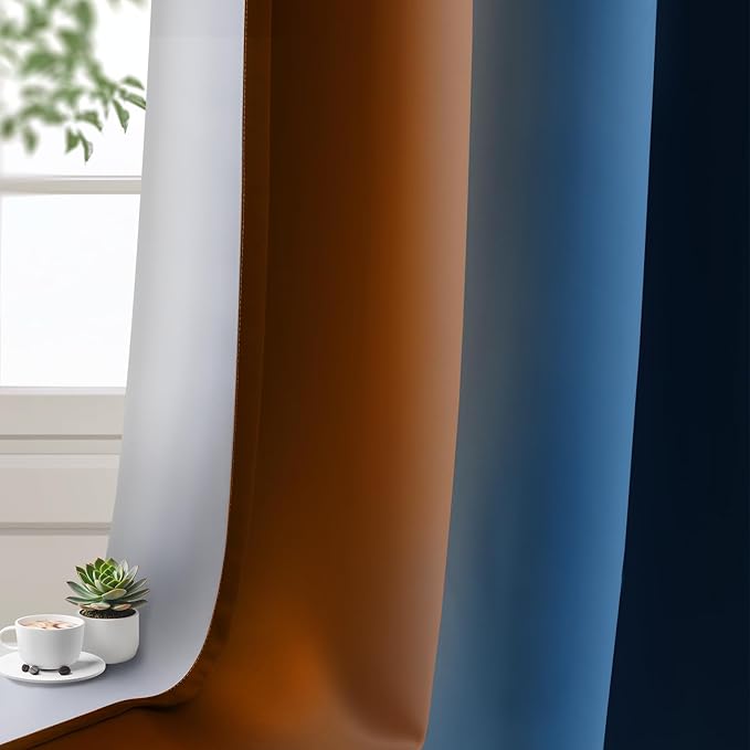 Yakamok Blackout Ombre Dark Blue and Burnt Orange Curtains-Gradient Room Darkening Curtain, Grommet Thermal Insulated Light Blocking Window Drapes Curtain for Living Room Bedroom,52 x 54 Inch,2 Panels