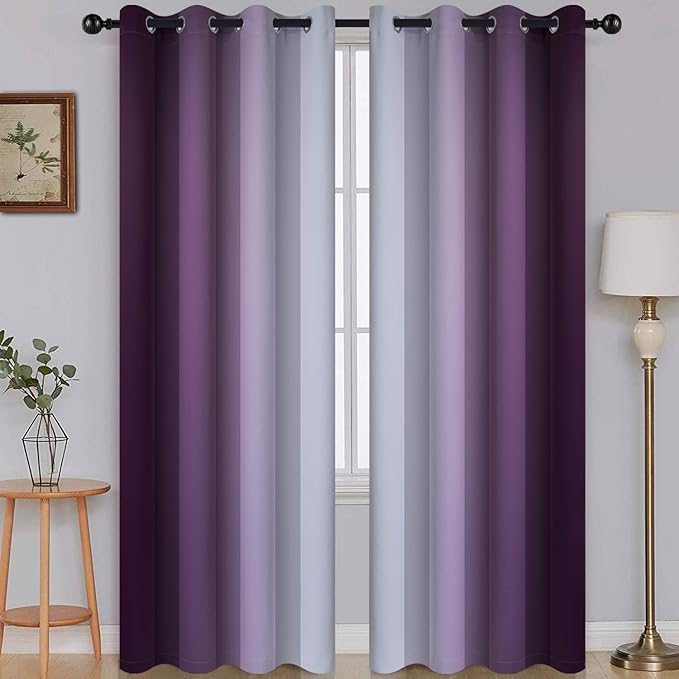 SimpleHome Ombre Room Darkening Curtains for Bedroom, Gradient Purple to Grey White Light Blocking Thermal Insulated Grommet Window Curtains/Drapes for Living Room,2 Panels, 52x84 inches Length