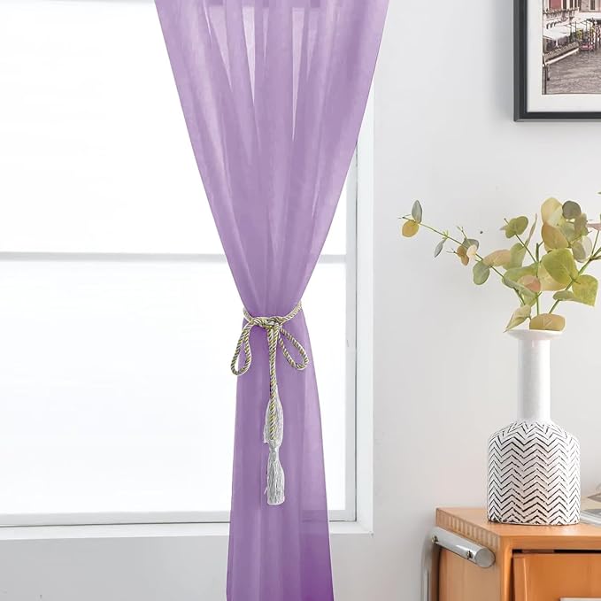 SpaceDresser Sheer Voile Window Treatment Rod Pocket Curtain Panels for Kitchen Bedroom Living Room Drapes Sunlight Filtering Privacy Semi Home Decor Assorted (Lavender, 52 W x 45 L)