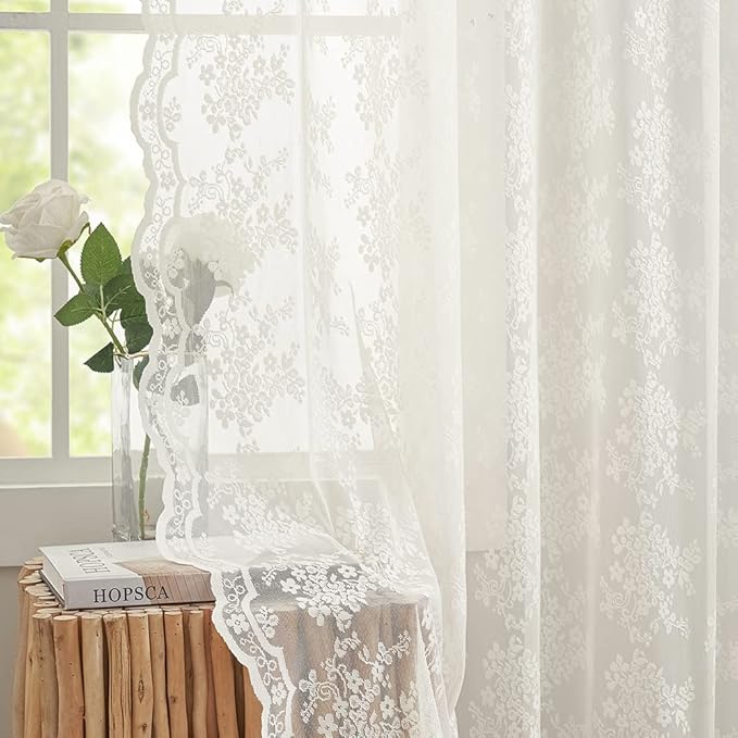 YJ YANJUN Vintage Lace Curtains 72 Inches Long- Antique Flowers Ivory Sheer Curtain Panels for Living Room Bedroom French Door, Light Filtering Drapes, 2 Panels 52W x 72L Cream