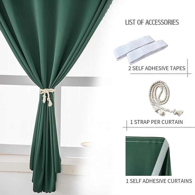 Blackout Curtains for Bedroom Sticky Curtain Blackout Window Cover Self Adhesive Curtains Rod No Drillng, 47" W X 84" L, Dark Green, 1 Panel