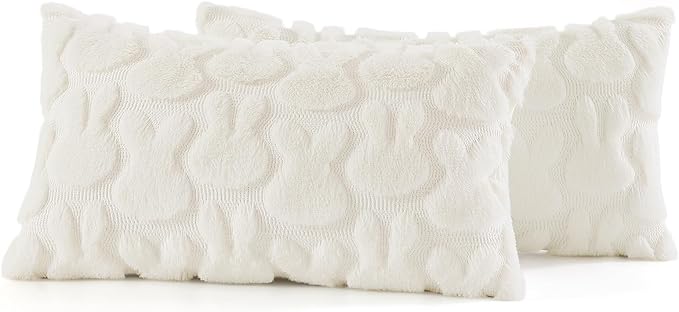 decorUhome Easter Bunny Pillow Covers 12x20 Inch Set of 2, Soft Plush Faux Wool Jacquard Cream White Rabbit Cushion Covers, Farmhouse Neutral Spring Easter Holiday Decor for Couch Sofa Bed