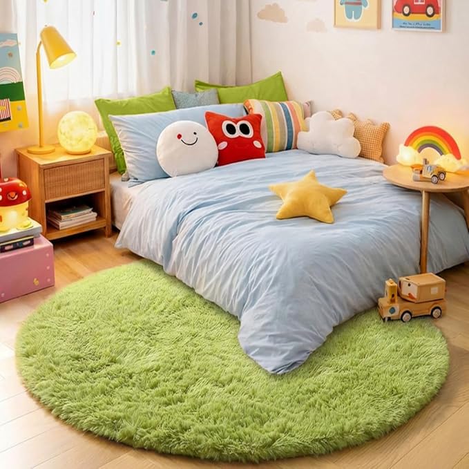 Amdrebio Grass Green Round Area Rug 7Ft for Living Room Bedroom Decor Aesthetic, Large Fluffy Shaggy Fuzzy Circle Rugs for Baby Nursery Kids Playroom, Big Soft Shag Floor Circular Modern Cool Carpet