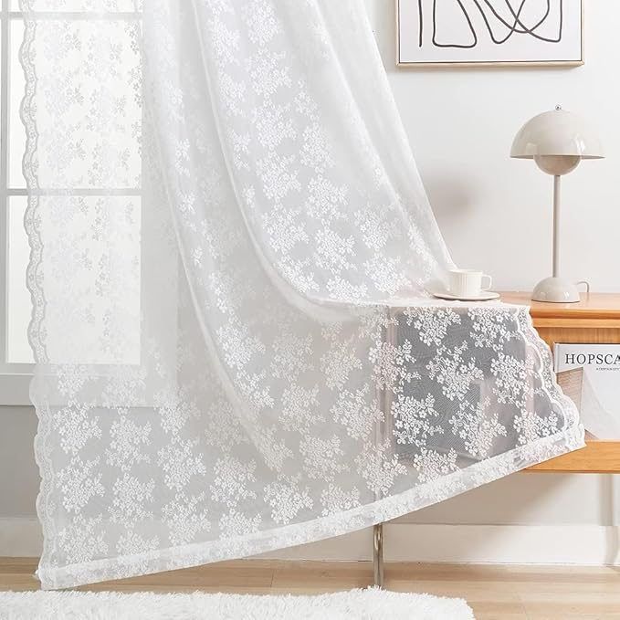 YJ YANJUN Vintage Lace Curtains 80 Inch Length for Doorway -Victorian Floral Pattern White Sheer Curtain Panels for Living Room Bedroom,Light Filtering, Country Cottage Core Drapes 2 Panels 52W x 80L