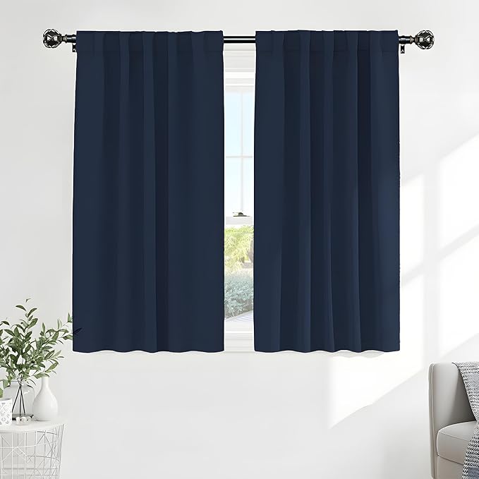 Pony Dance Blackout Curtain Panels for Kitchen, Cafe Curtains for Bathroom, Thermal Insulated Blackout Draperies Window Treatment Tiers (2 Panels, Navy Blue, 34x45 Inch)