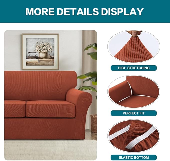 Turquoize 4 Piece Sofa Covers for 3 Cushion Couch Sofa Slipcover Soft Couch Cover for Dogs-Washable Sofa Furniture Covers with 3 Individual Cushion Covers (3 Cushion Sofa, Rust)