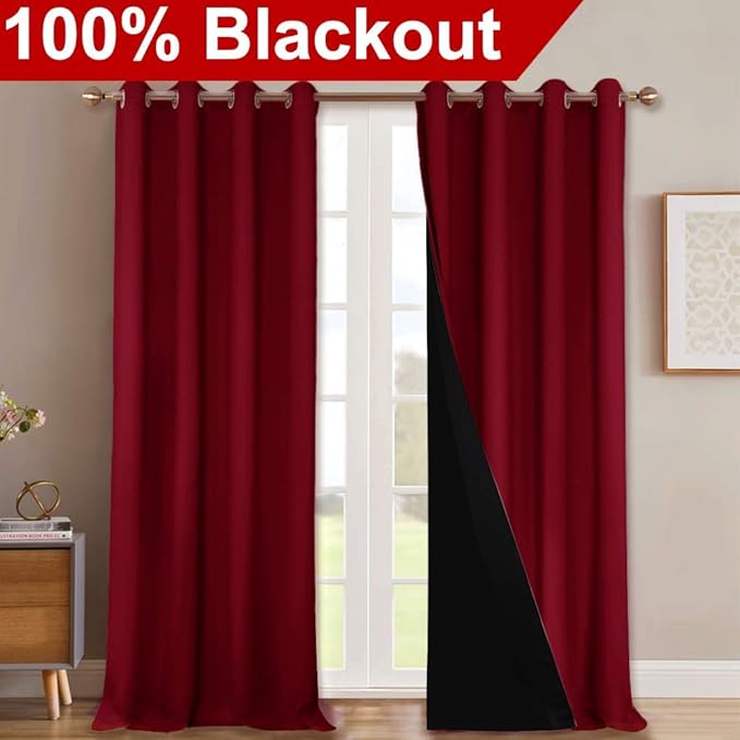 NICETOWN Cold Blocking 100% Blackout Curtains, Durable and Soft Black Lined Blackout Drapes, Energy Saving Decoration for Patio Sliding Glass Door, Burgundy, 52-inch x 108 inches, 2 PCs