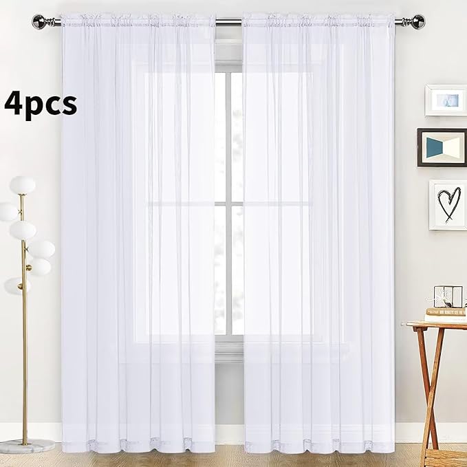 SpaceDresser Optical White Sheer Curtains 4 Panels Rod Pocket Semi-Sheer Curtain 108 Inches Long Light Filtering Voile Window Drapes for Bedroom Living Room Kitchen, Each 52W x 108L