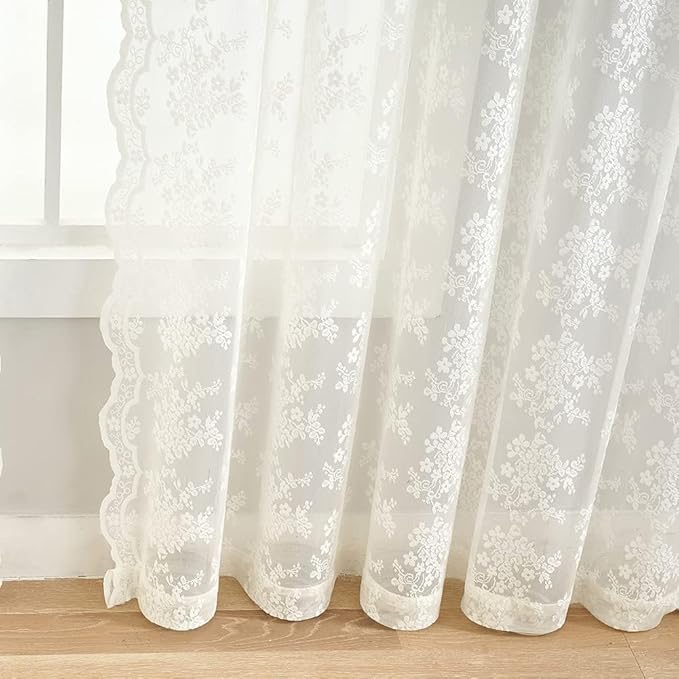 YJ YANJUN Vintage Lace Curtains 45 Inch Length- Victorian Country Floral Short Voile Sheer Kitchen Cafe Curtains Old House Privacy Bathroom Window Drapes 52W x 45L inch Ivory