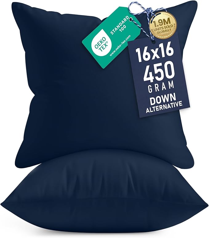 Utopia Bedding 16x16 Pillow Inserts, Set of 2, Navy – Indoor Decorative Throw Pillows for Bed, Sofa & Couch – Soft, Supportive & Fluffy Cushion Inserts