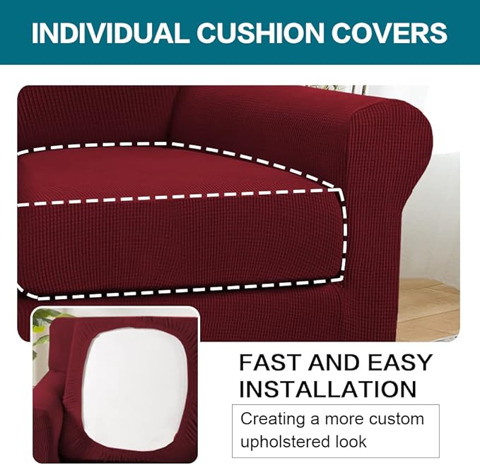 Turquoize 2 Piece Chair Covers Chair Slipcovers for Living Room Armchair Couch Cover Chair Sofa Cover with Individual Cushion Covers Furniture Cover for Chairs Feature Thick Fabric (Chair, Burgundy)