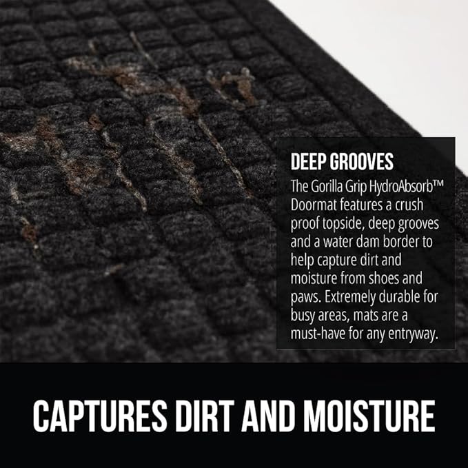 GORILLA GRIP® Ultra Absorbent Front Door Mat Outside Entrance, Traps Dirt and Moisture, HydroABSORB Indoor Outdoor Doormat Holds Up to 1.7 Cups Water, Stain and Fade Resistant Welcome Mat, 29x17 Black