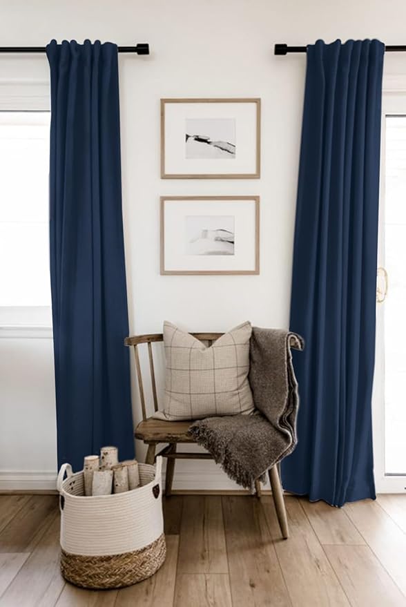 100% Blackout Shield Linen Blackout Curtains for Bedroom 120 Inches Long, Back Tab/Rod Pocket Living Room Drapes, Thermal Insulated Blackout Curtains 2 Panels Set, 50" W x 120" L, Midnight Blue