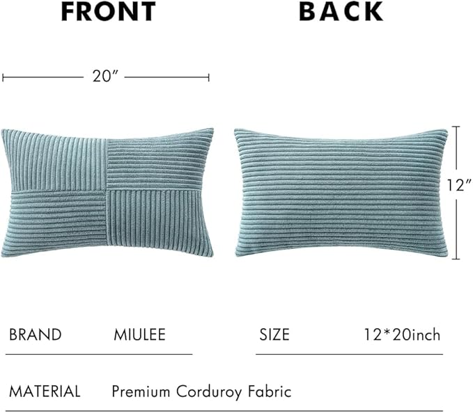 MIULEE Sky Blue Decorative Lumbar Throw Pillow Covers 12x20 Inch for Couch Bed Sofa Pack of 2 Boho Farmhouse Throw Pillows Soft Cross Corduroy Patchwork Textured Cushion Cases