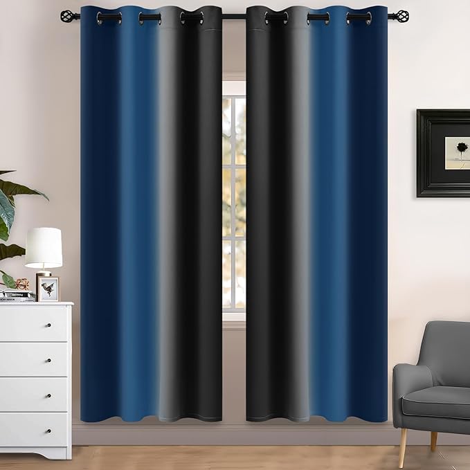 Yakamok Blackout Ombre Dark Blue and Black Curtains for Bedroom, Gradient Room Darkening Curtains, Grommet Thermal Insulated Light Blocking Window Drapes/Curtain for Living Room,52 x 72 Inch,2 Panels