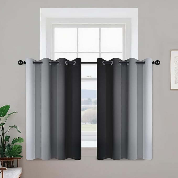 Yakamok Room Darkening Ombre Curtains 36 Inch Length, Black and Greyish White Thermal Insulated Gradient Color Curtains,Light Blocking Grommet Window Drapes for Bedroom,52 Inch Width,2 Panels