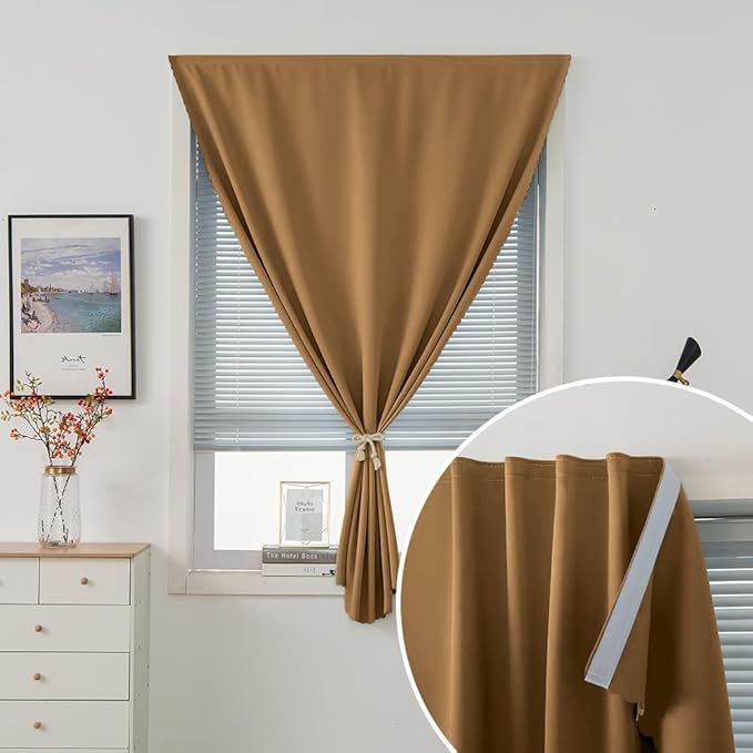 Self Adhesive Curtains, Stick Curtain Blackout Shades Window Cover Curtains for Living Room No Drilling, 35" W X 79" L, Brown, 1 Panel