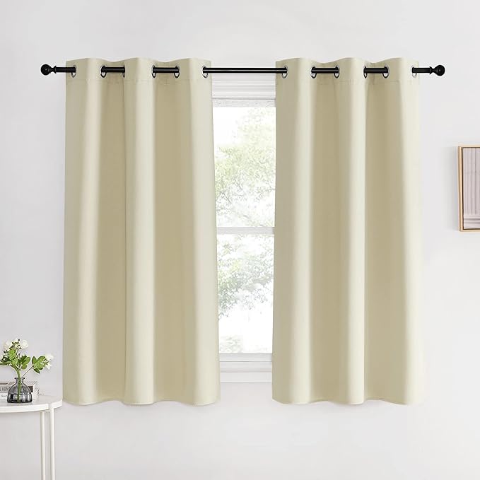 NICETOWN Kitchen Curtains, Short Curtains for Bedroom Windows, Beige, 42" W by 60" L, 1 Pair, Thermal Insulated Room Darkening Curtain Panels for Girls Room, Cafe
