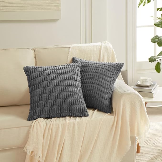 Fancy Homi 4 Packs Dark Grey Decorative Throw Pillow Covers 16x16 Inch for Living Room Couch Bed, Rustic Modern Farmhouse Boho Home Decor, Soft Plush Corduroy Cute Square Accent Cushion Case 40x40 cm