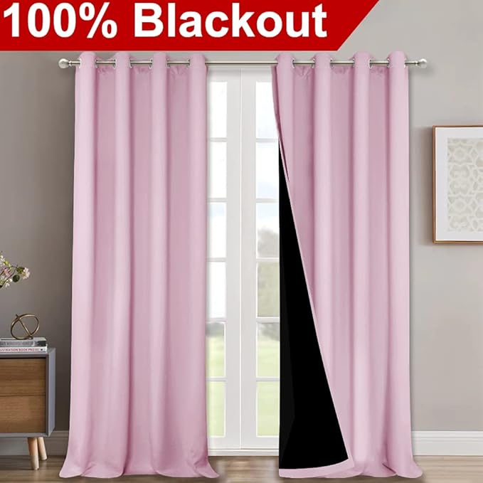 NICETOWN 100% Blackout Blinds, Set of 2, 46" x 96", Baby Pink, Laundry Room Decor Window Treatment Curtains for Large Patio Sliding Door, Thermal Insulated Curtains for Bedroom