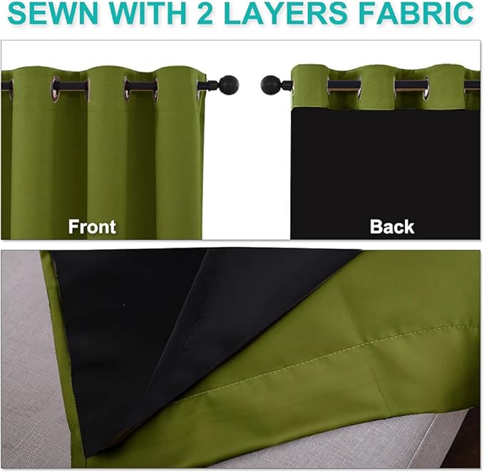 NICETOWN 100% Blackout Curtain Panels, Thermal Insulated Black Liner Curtains for Nursery Room, Noise Reducing and Cold Blocking Drapes for Windows (2 PCs, Olive Green, 52-inch Wide by 63-inch Long)