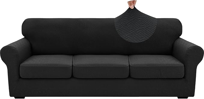 XINEAGE 2026 New 4 Pieces Extra Large Couch Covers for 3 Cushion Sofa Super Stretch Sofa Cover for 3 Large Seat Cushion Universal Fitted Slip Cover for Living Room (Black), 91"-110"(3 Cushions)