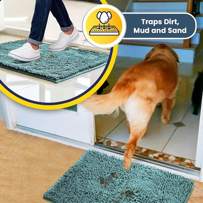 Muddy Mat® | Super Absorbent Door Mat Indoor, Microfiber Quick Dry Chenille Entryway Rug, Non-Slip Front Door Mat, Indoor Mats for Entryway, Machine Washable Pet Rug, Seafoam Green 59"x35"