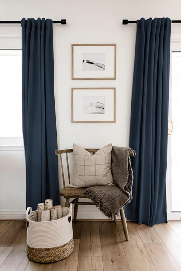 100% Blackout Shield Linen Blackout Curtains for Bedroom 90 Inches Long, Back Tab/Rod Pocket Living Room Drapes, Thermal Insulated Blackout Curtains 2 Panels Set, 50" W x 90" L, Navy