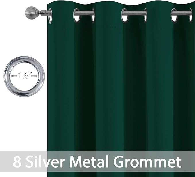 Yakamok 63 Inch Long Dark Green Blackout Curtains Room Darkening Thermal Insulated with Grommet Blackout Drapes for Bedroom, 52Wx63L inch, 2 Panels