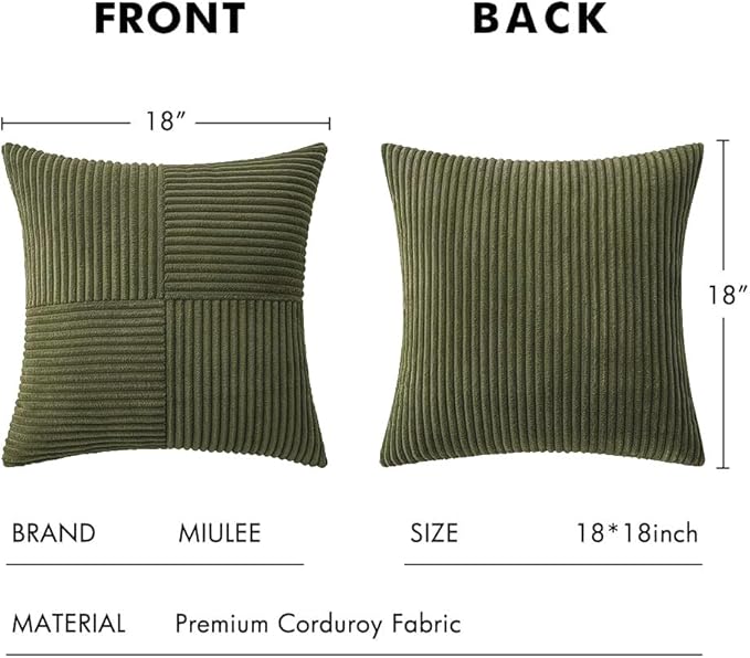 MIULEE Olive Green Decorative Throw Pillow Covers 18x18 Inch for Couch Bed Sofa Spring Decor Pack of 2 Boho Farmhouse Throw Pillows Soft Cross Corduroy Patchwork Textured Cushion Cases