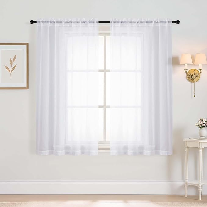 White Window Sheer Curtains 54 inch Length, Soft Airy Light Filtering Sheer Curtain 2 Panels Set, Dual Rod Pocket Gauze White Drapes for Living Room Bedroom, 2x42Wx54L Inches