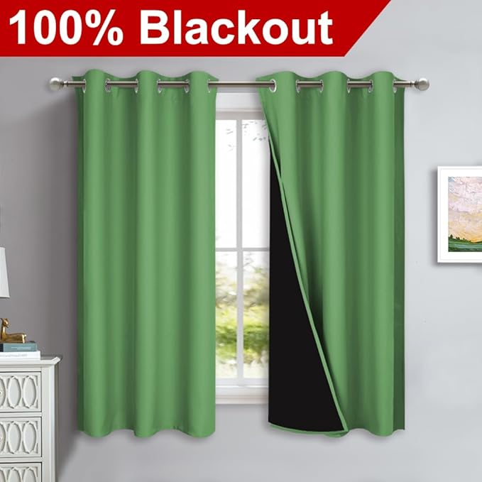 NICETOWN 100% Blackout Short Curtains with Black Liners, 2 Panels, 37" W by 60" L, Forest Green, Solid Thermal Insulated Full Blackout 2-Layer Lined Drapes, Energy Efficiency Window Drapes for Bedroom