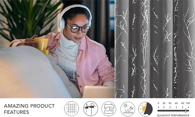 Deconovo Blackout Curtains 84 Inches Long, Light Gray Drapes for Living Room, Branch Silver Print, Soundproof Thermal Insulated Privacy Window Curtain for Bedroom Nursery, Set of 2, Machine Washable