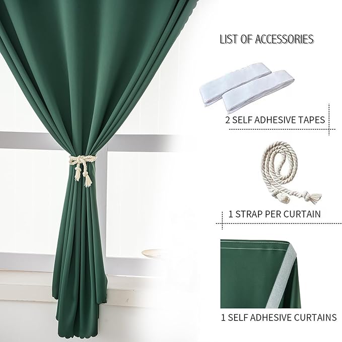 Blackout Curtains for Bedroom Stick On Curtains Window Shades Pull Down Blackout Window Cover No Drillng Self Adhesive Curtains No Rod Small Curtain, 47" W X 71" L, Dark Green, 1 Panel