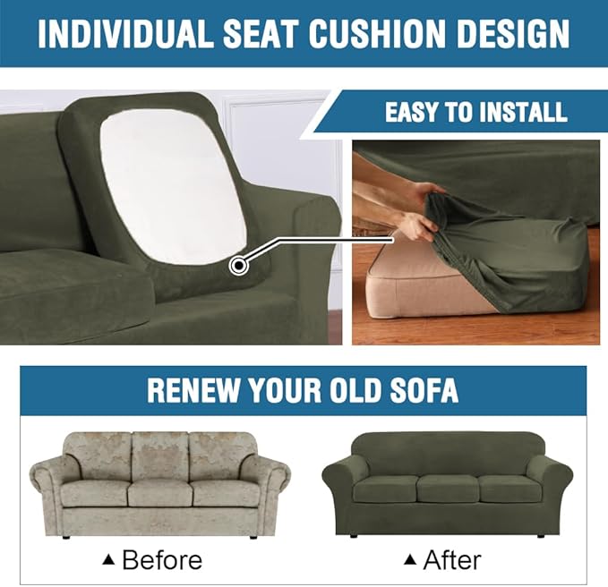 H.VERSAILTEX Modern Velvet Plush 4 Piece High Stretch Sofa Slipcover Sofa Cover Furniture Protector Form Fit Thick Velvet Sofa Cover for 3 Cushion Couch Width Up to 90 Inch (Sofa, Olive)