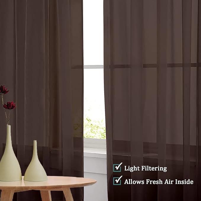 OVZME Brown Sheer Curtains 108 Inches Long, Light Filtering Semi Transparent Lightweight Voile Rod Pocket Window Curtains for Bedroom, Living Room, W42 x L108, Set of 2 Drape Panels