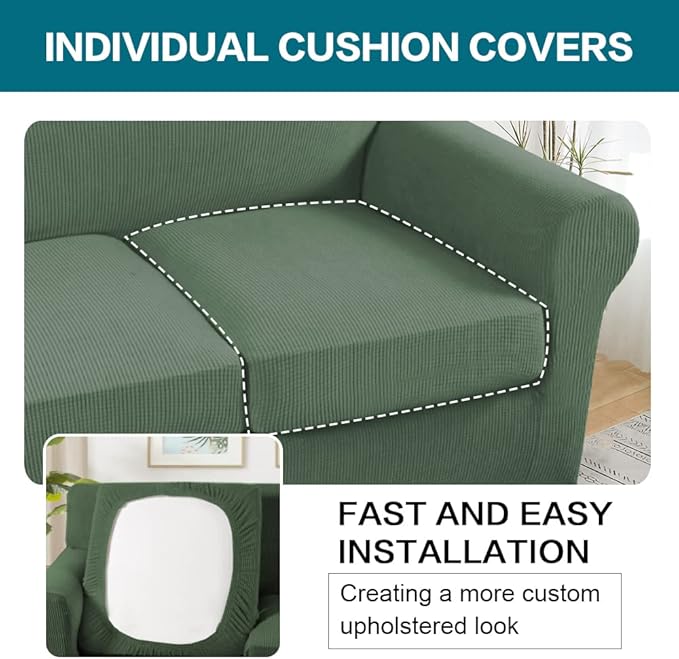 Turquoize 4 Piece Sofa Covers for 3 Cushion Couch Sofa Slipcover Soft Couch Cover for Dogs-Washable Sofa Furniture Covers with 3 Individual Cushion Covers Jacquard Fabric (3 Cushion Sofa, Loden Frost)