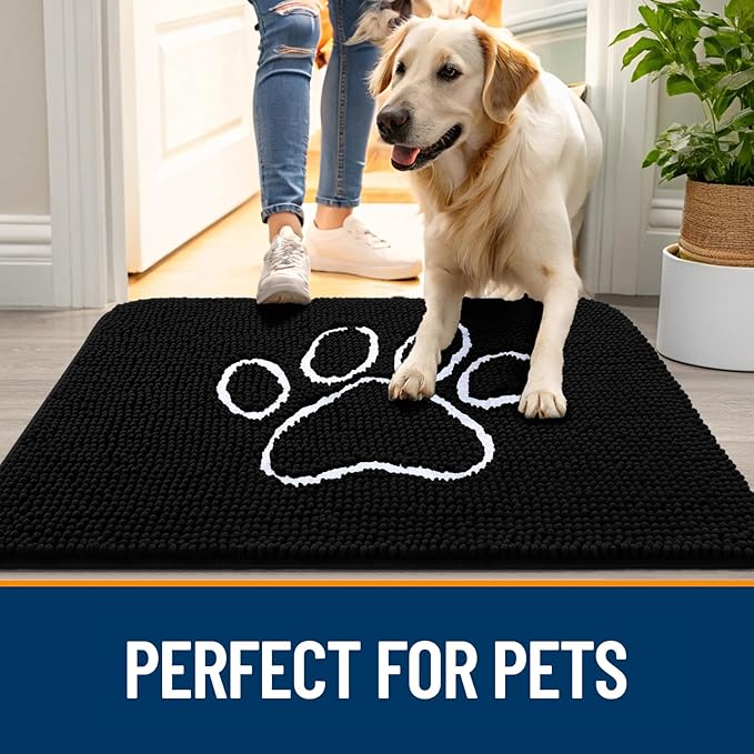 OLANLY Dog Door Mat for Muddy Paws 35x24, Paw Print Design, Absorbs Moisture and Dirt, Absorbent Non-Slip Washable Doormat, Quick Dry Chenille Mud Mat for Dogs, Entry Indoor Entryway Carpet, Black