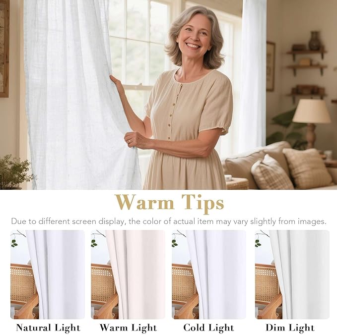 H.VERSAILTEX Natural Effect Extra Long Semi Sheer Curtains Made of Linen Mixed Rich Material, Nickel Grommet Window Panel Drapes (Set of 2, 52 by 108 Inch, Heathered White)